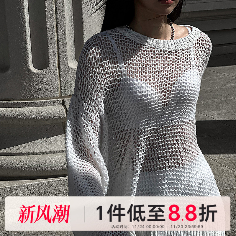 Mathieu韩国宽松针织衫女春季新款性感镂空罩衫气质套头圆领上衣