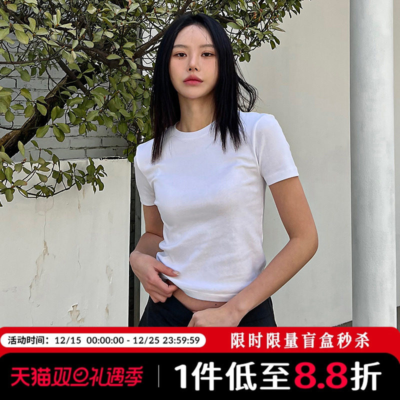 Mathieu韩国时尚洋气纯棉短袖T恤女夏季新款修身显瘦纯色短款上衣