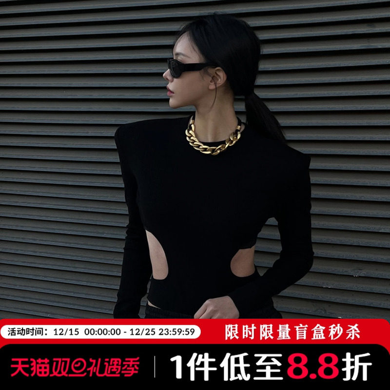 Mathieu韩国设计感针织衫女春新款洋气镂空性感露腰独特别致上衣