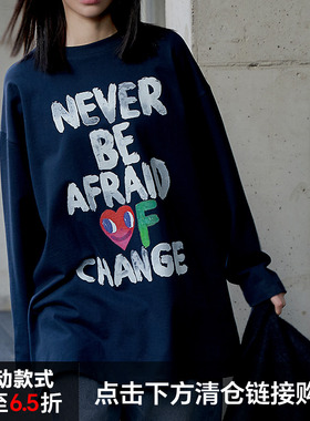 Mathieu韩国独特圆领黑色长袖T恤女春季宽松体恤上衣洋气打底衫