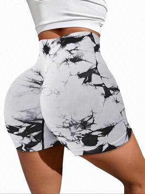 款Women's Tie Dye Print Ruched High Waist Shorts Sporty