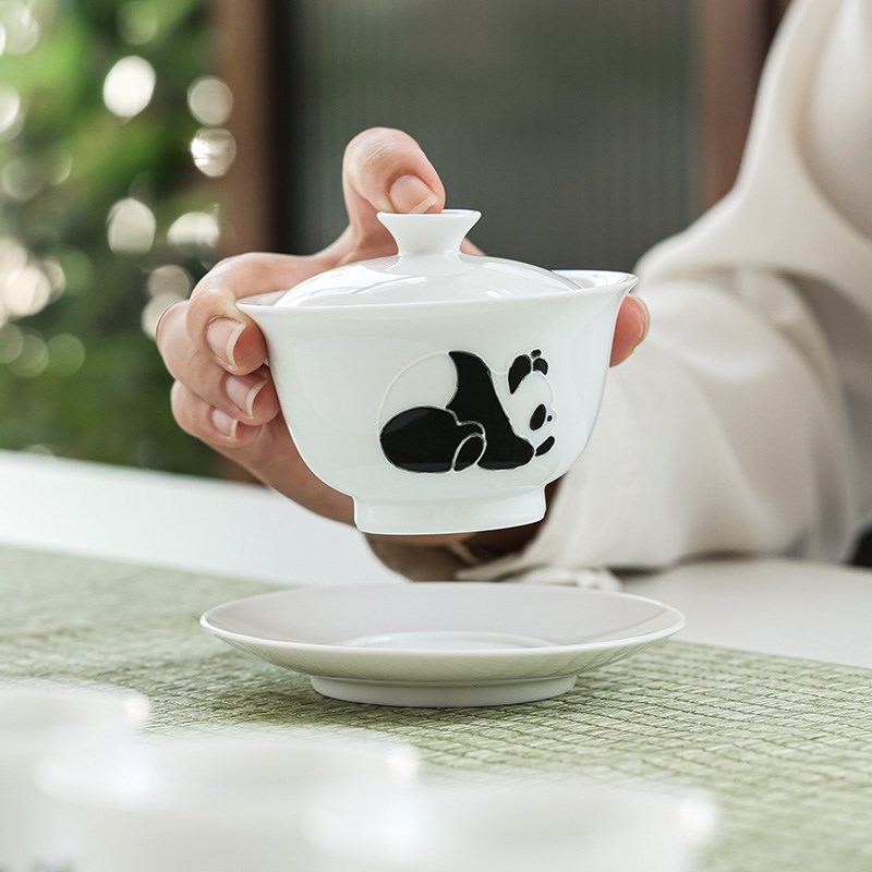 手绘熊猫三才盖碗茶杯白瓷泡茶茶具茶碗带M盖单个高档功夫家用套