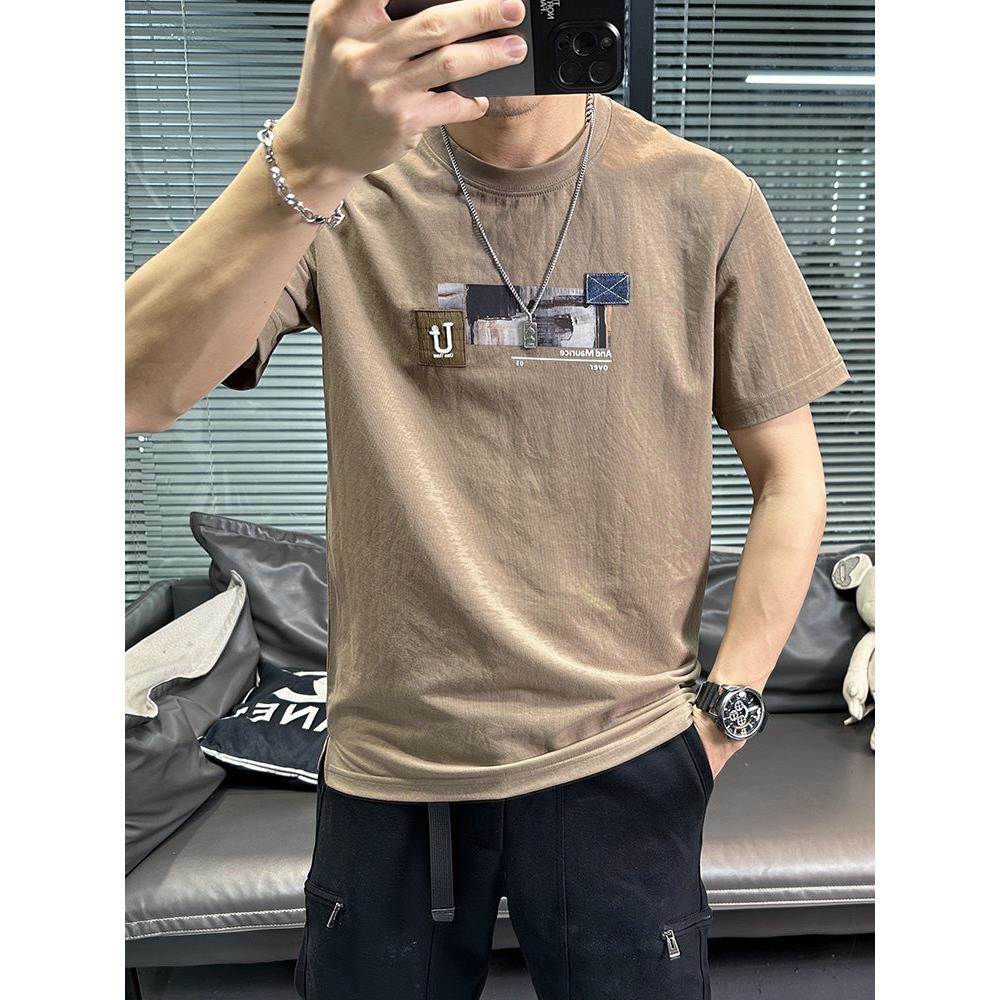 潮牌男夏季新款男士字母刺绣修身纯棉半袖T恤衫男装上衣短袖t恤