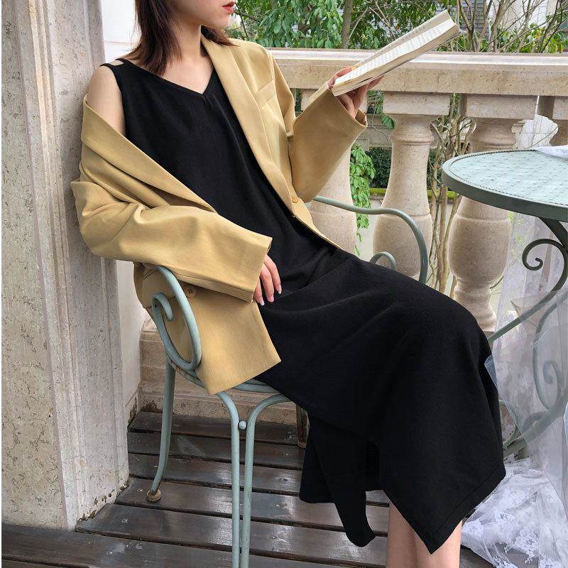 韩国02吊带针织5春 秋长裙女 通款勤风纯色小黑裙V领拼2接吊带连
