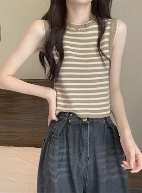 条色纹针织吊带背心夏季女外L31710F-穿修身短款内搭撞圆领袖内搭