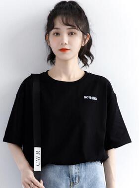 2025年夏新款色短袖T恤女宽松字母季刺恤绣体显瘦纯棉打底上UOD黑