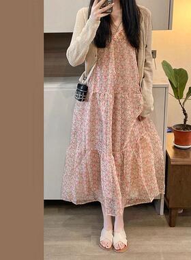 洲站2168秋法式复古温柔季风甜美欧气质碎花吊带连衣裙开两件套衫