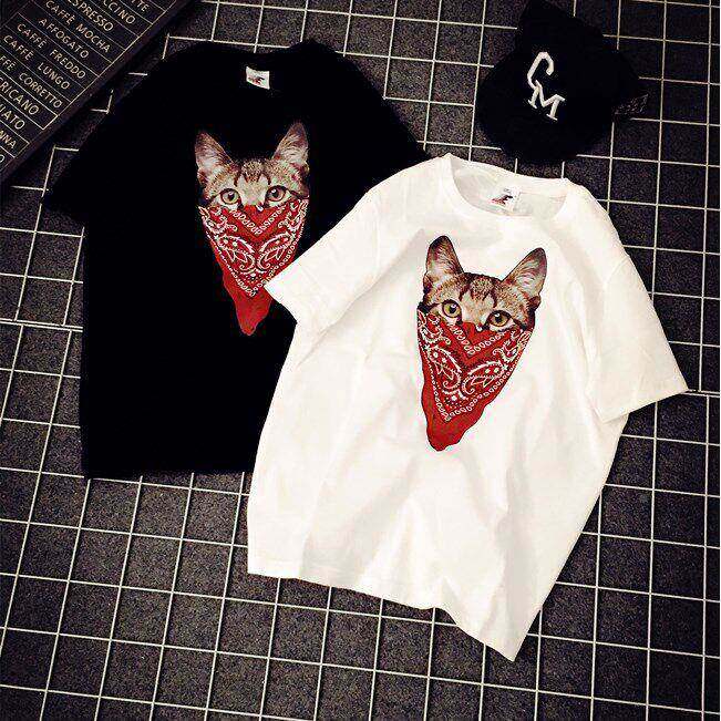 香潮牌20XVF2蜜6简约T围巾猫咪短袖恤潮港牌BF风男女款情侣tee闺