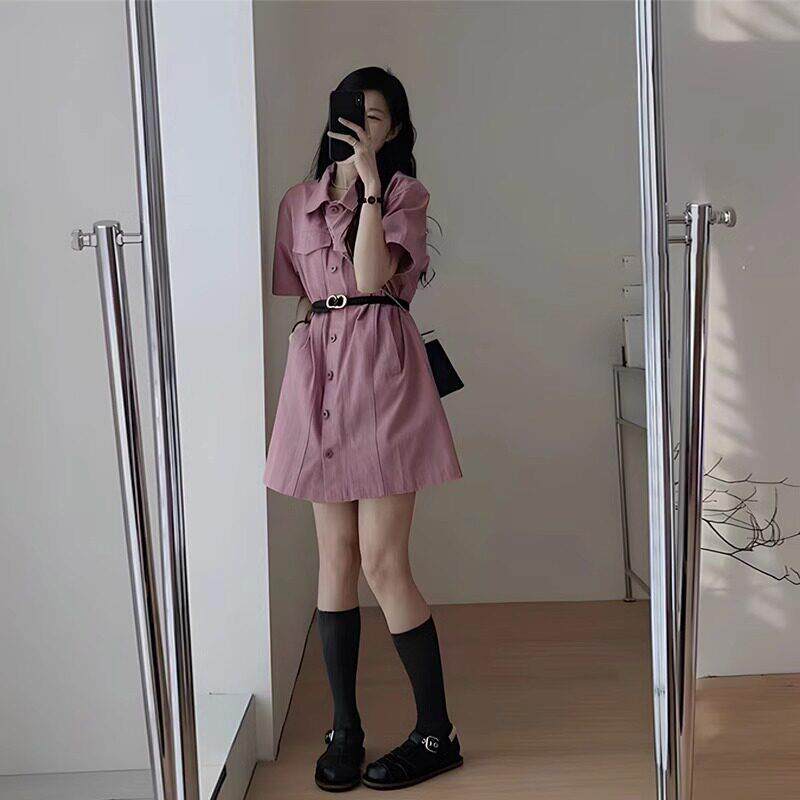 收翻尔领粉色连短衣裙女夏季韩版腰丁达L35436F裙a字中长polo领袖