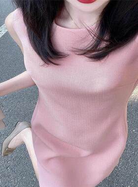 欧夏洲站法式高级修感4430粉色无袖洋装女气质名女神范身显瘦裙媛