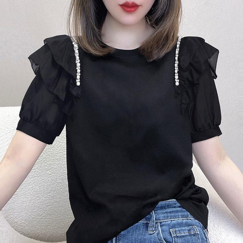 韩国纯棉设感计短袖T恤女夏0季225新款春洋派减H0307093龄泡泡袖