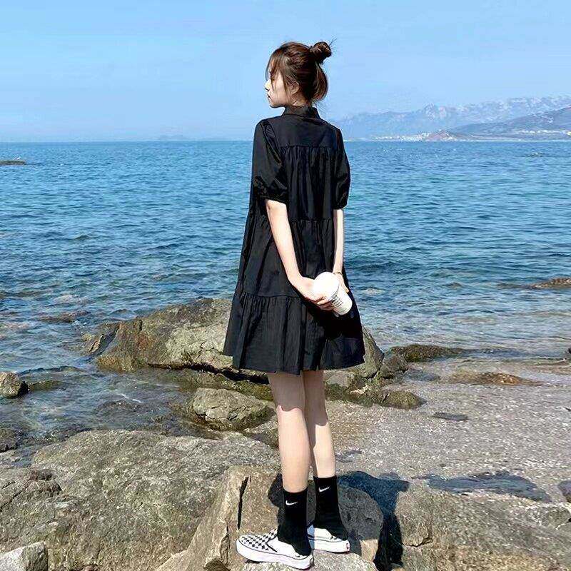 欧洲站2026个夏季新裙风款复古赫本小子森系宽松黑色衬衫连衣RIH