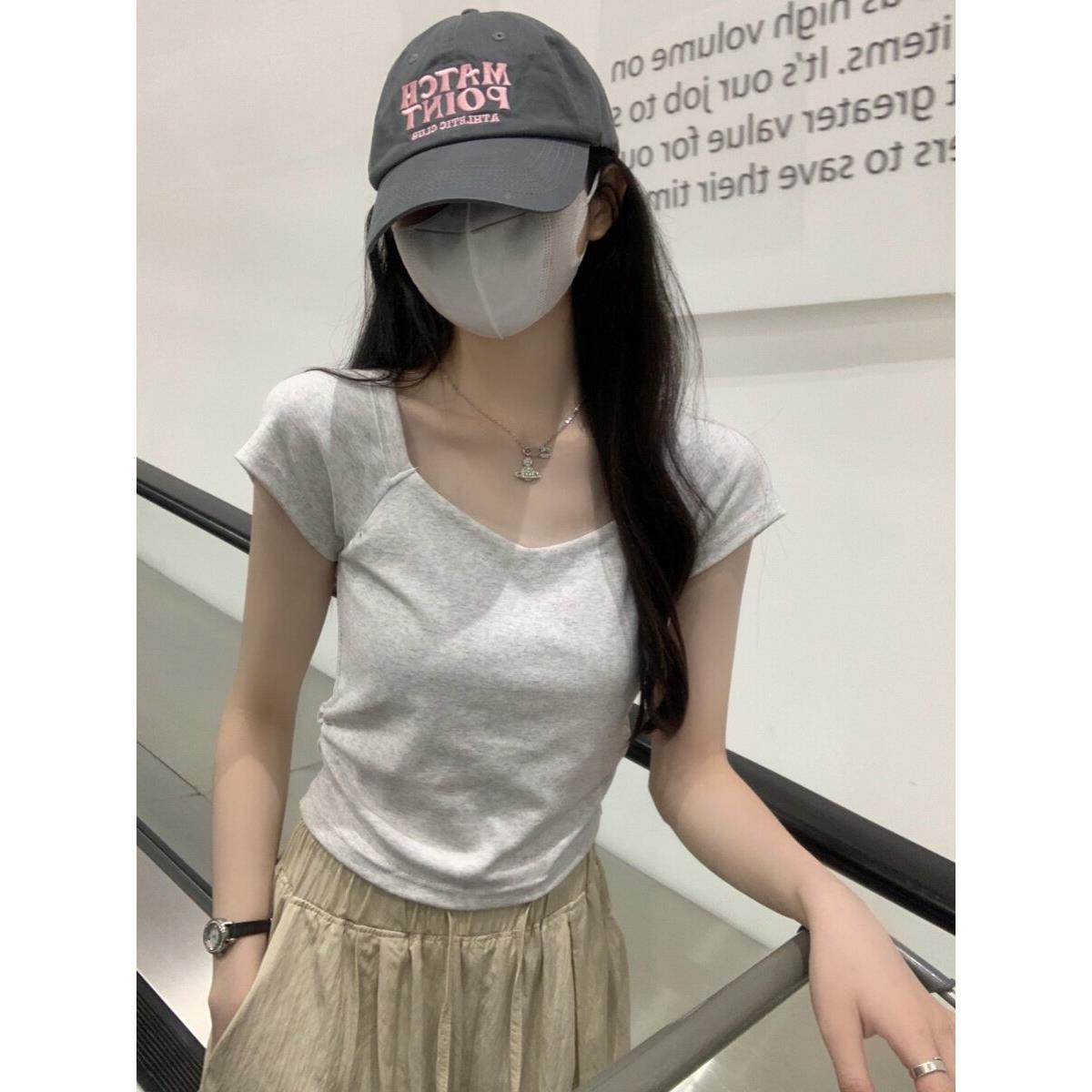 韩国灰色V领正短袖女夏不规则褶肩皱小个子ABP上衣2025纯季短款棉