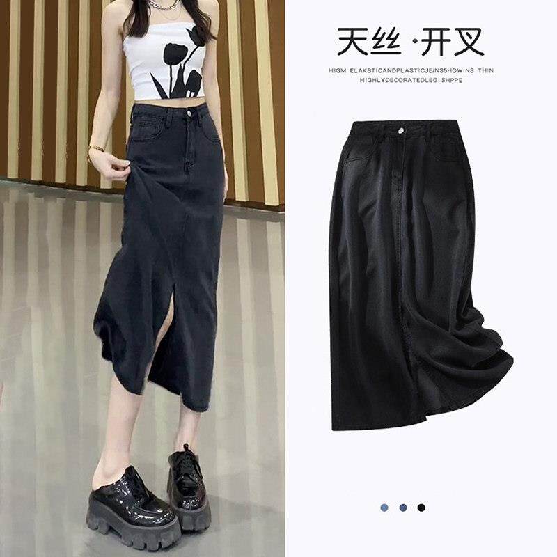 天丝aT0950字牛仔半身裙女0夏季薄226新款黑色牛今年流款行仔裙半