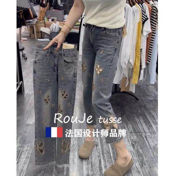 法国93321488ouje tusse镂空刺绣R休闲子直筒裤老爹罗哈伦镂空牛