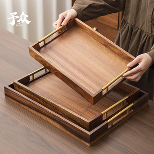 胡桃木高级金属提手托盘新中式实木盘茶盘茶具茶托盘高档家用托盘