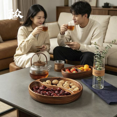 胡桃木整木挖分格果盘下午茶点