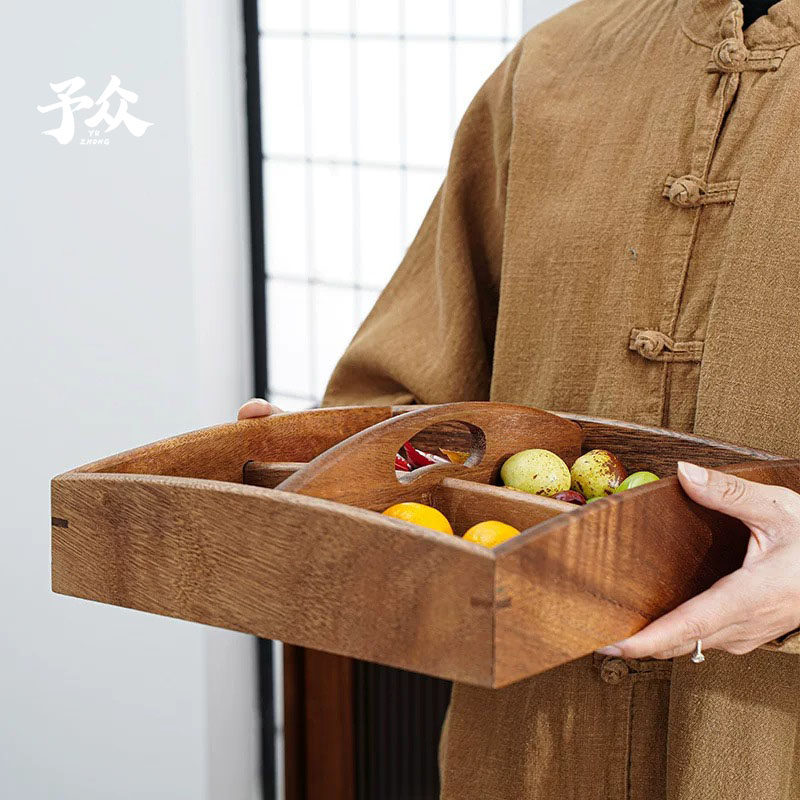 胡桃木手提四宫格托盘家用零食盘实木分格干果盘木质糖果盒坚果盒