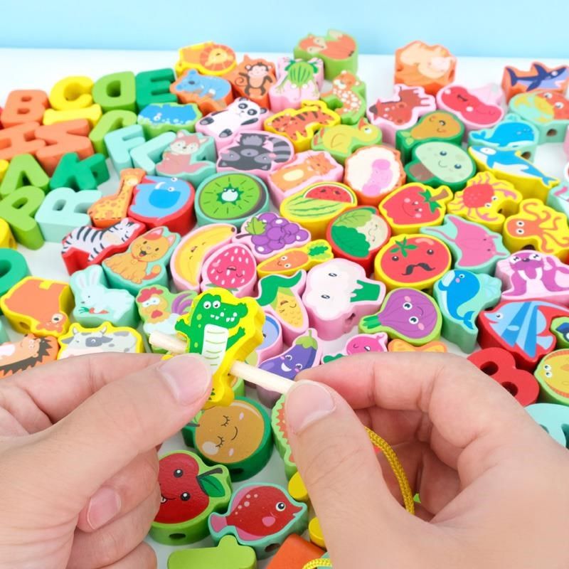 儿童木质串珠子穿线绳益智专注力训练手抓板积木制玩具男女孩宝宝