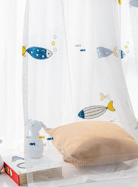 小鱼卡通帘儿童房男纱房间飘窗窗帘卧室幼儿园打孔魔85411术贴免