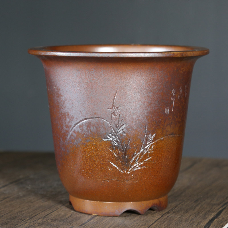 柴烧紫砂花盆特大号陶瓷花盆兰花盆桌面绿植古典花盆手工刻绘圆形