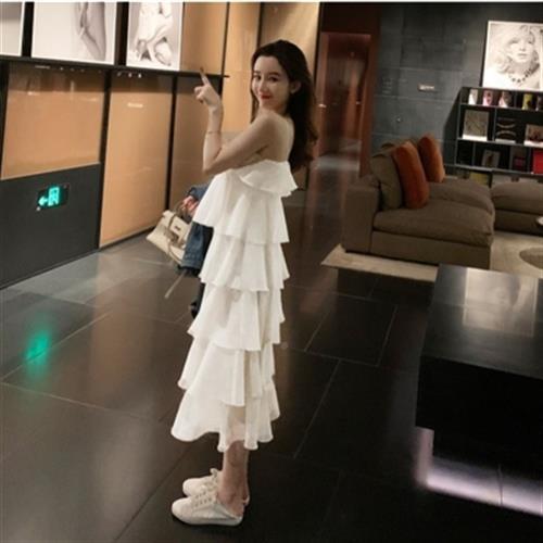 新款雪纺裙v领吊女带连衣裙YKS遮胯裙子显瘦糕洋气甜美长蛋裙女学