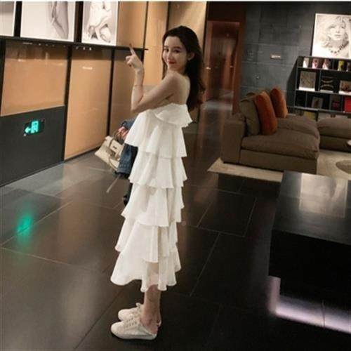 新款雪纺裙v领吊女带连衣裙YKS遮胯裙子显瘦糕洋气甜美长蛋裙女学