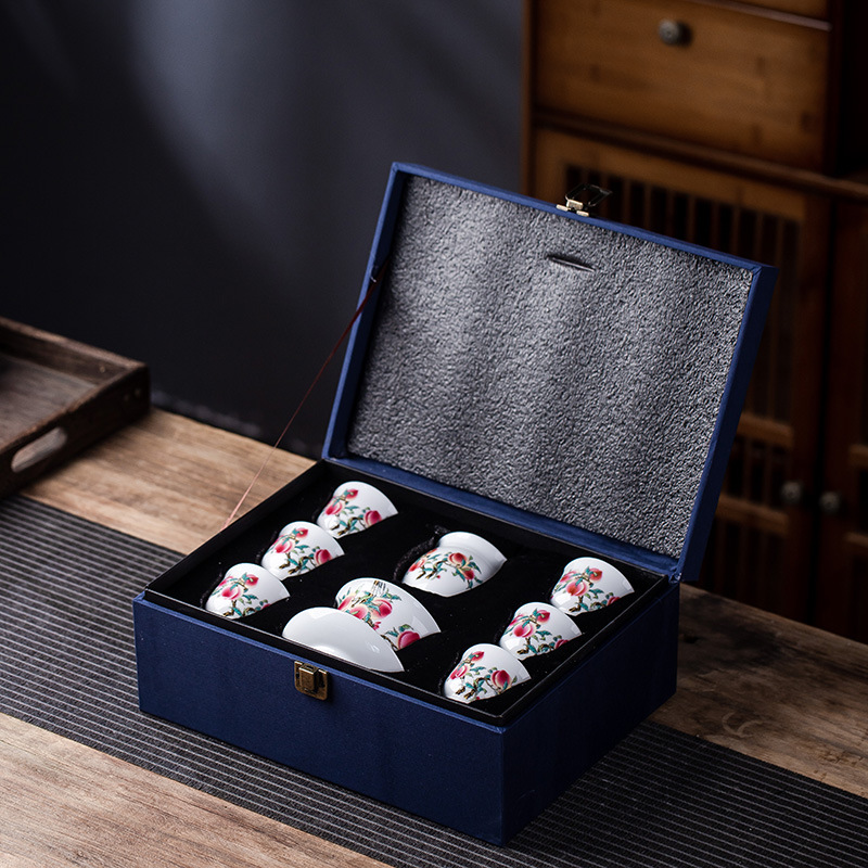 景德镇陶瓷功夫茶具套装寿桃主人杯盖碗品茗杯茶具整套礼盒装送礼