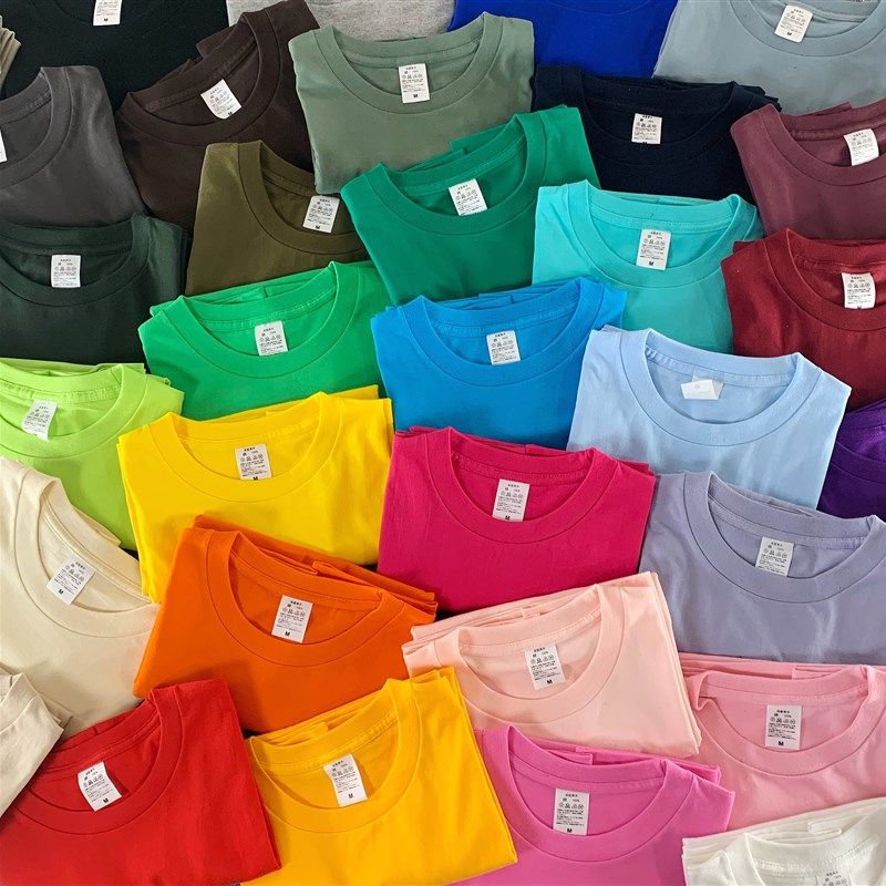 纯色重磅厚实不i透糖果色纯棉宽松短袖t恤男女bf风情侣闺蜜装打底