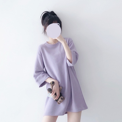 星黛紫 简单圆领中长款宽松七分袖t恤女 M下装消失加厚打底衫上衣