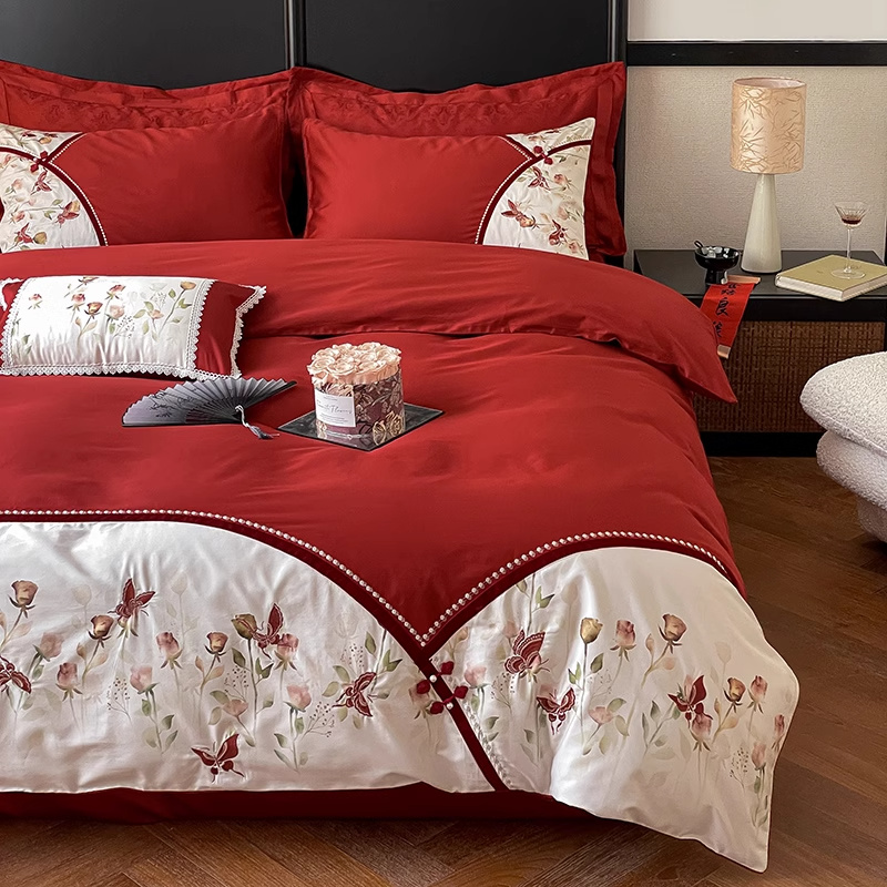 乐优公主100支长绒p棉结婚四件套大红色婚庆喜被床单被套床上用品