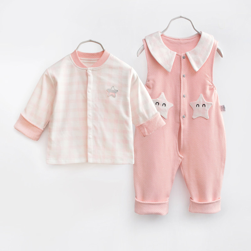 男女宝宝双层夹衣春秋装连体衣套装婴儿纯棉洋气造型背带裤两件套