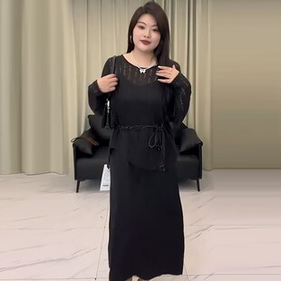 不等式长袖针织衫吊带连衣裙套v装胖mm2024早秋款显瘦宽松大码女