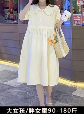 胖女孩裙子加肥加大码宽松大童女装初G中学生夏装白色胖女童连衣