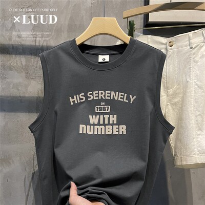 LUUD 1987英文数字印花圆领无袖T恤衫纯棉透气R舒适坎肩背心男夏