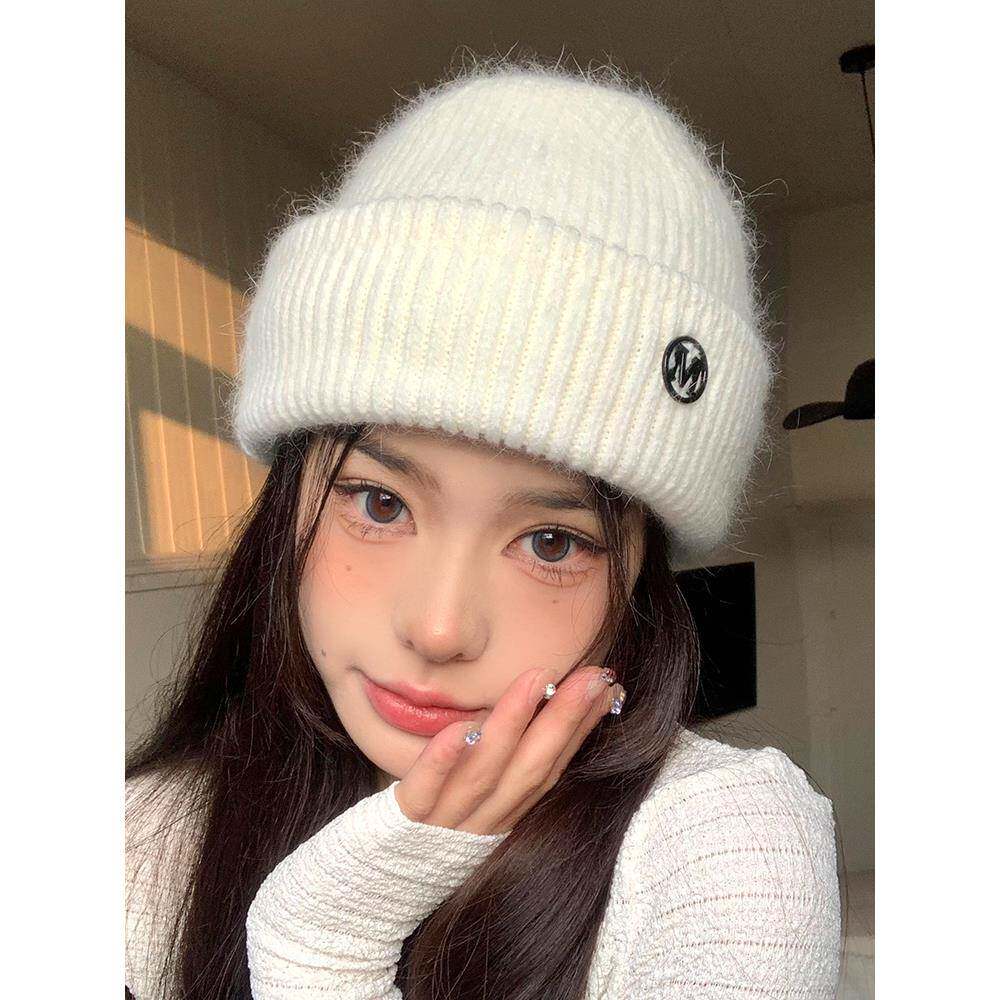 显小KMW毛线女帽秋冬百搭白色大头围针织帽套头毛子线帽毛绒冷帽