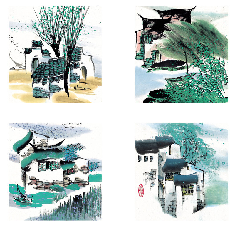 江南水乡水墨画水彩画建筑客厅民宿酒店房间挂画墙布自粘贴画喷绘