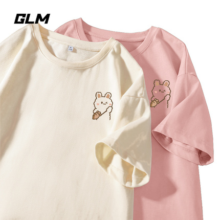 GLM奶杏色短袖T恤女2024年春夏季新款半袖体恤设计感小众宽松上衣