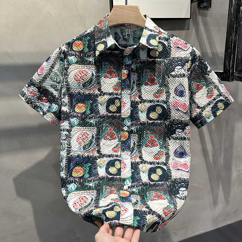 尖领短袖潮印花衬衫男
