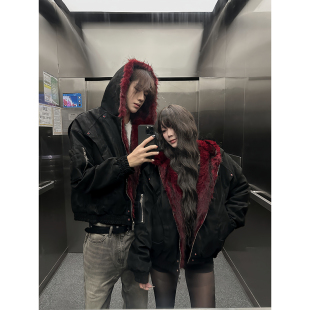 美式 pu皮高质秋冬加绒加厚短宽上衣 复古座山雕连帽夹克棉服男女款