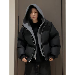 美式 重磅假两件棉服外套男冬cleanfit拼接加厚棉衣高街痞帅面包服