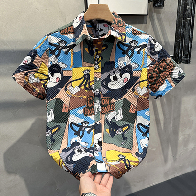 尖领短袖潮印花衬衫男