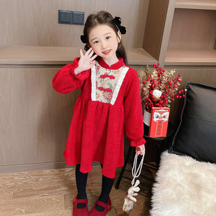 女童拜年服儿童加绒连衣裙冬装唐装女宝红色喜庆年服裙冬季裙子潮