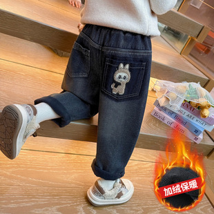 宝宝休闲裤 一体绒儿童洋气加厚老爹裤 秋冬季 女童拉布布加绒牛仔裤