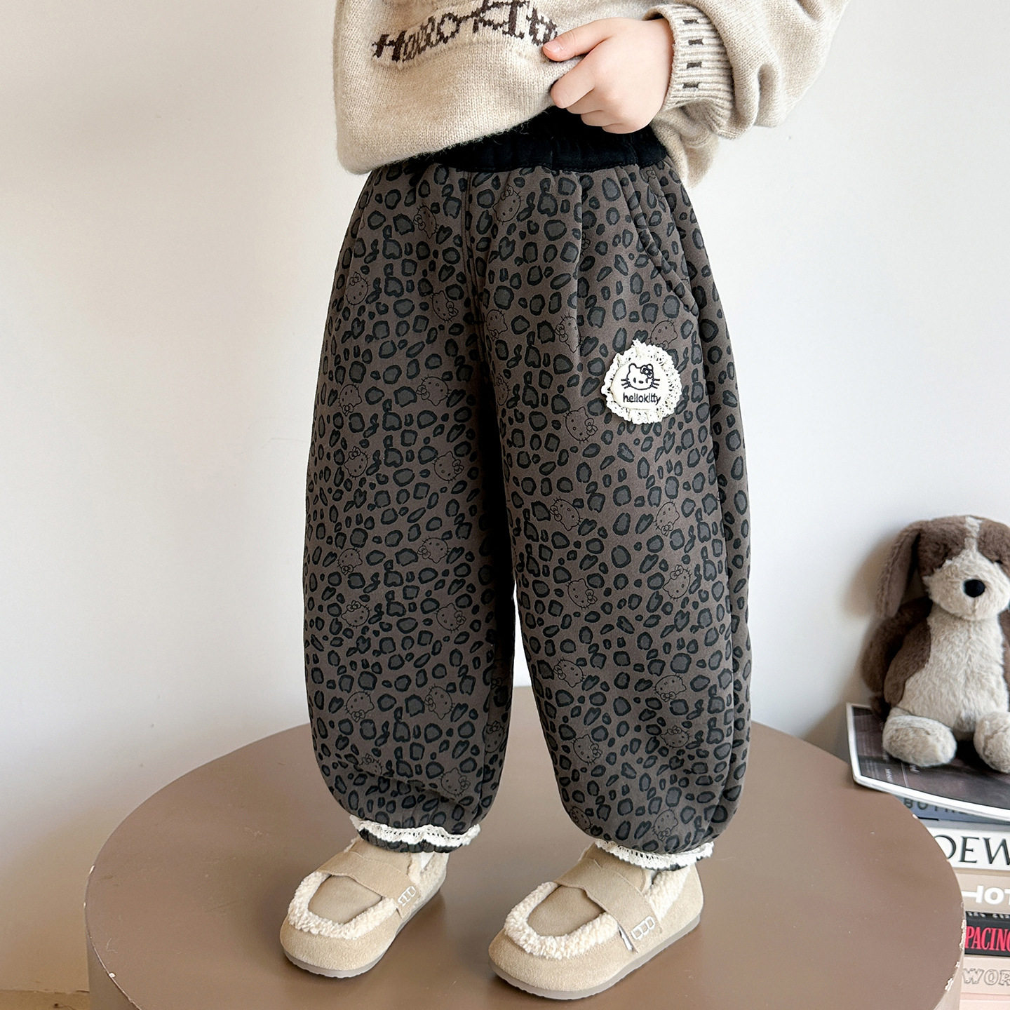 女童花边豹纹裤子冬季2025新款女宝宝洋气加厚棉裤冬装休闲保暖裤