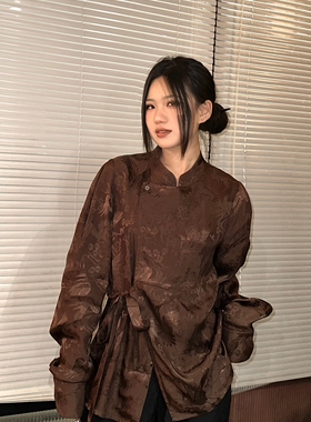 澜竹美拉德色系新中式仙鹤暗纹提花绑带宽松衬衫