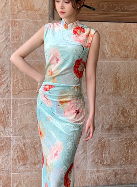 澜竹春夏款新中式国风改良绿色丝绒旗袍年轻气质修身无袖显瘦收腰