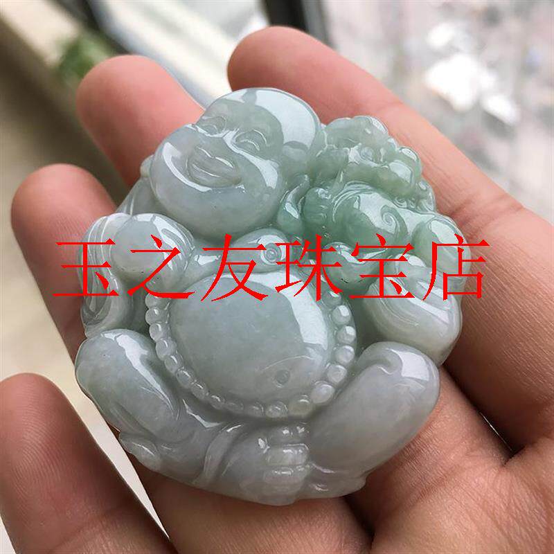 翡翠色吊坠玉佛飘花大肚弥勒笑佛玉石小佛公项链玉坠男女款玉挂件