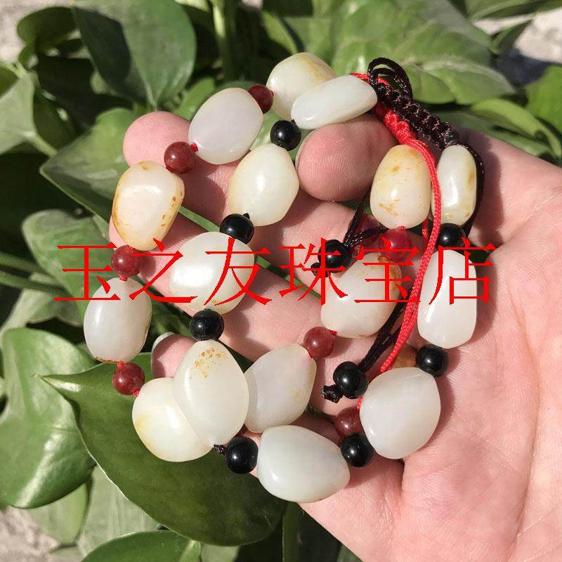 手编精品新疆和田玉白玉籽料原石红皮手链玉手串白玉手链男女同款