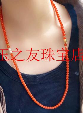 保山南红玛瑙满色樱桃红小米珠项链新中式新年礼物国风圆珠毛衣链